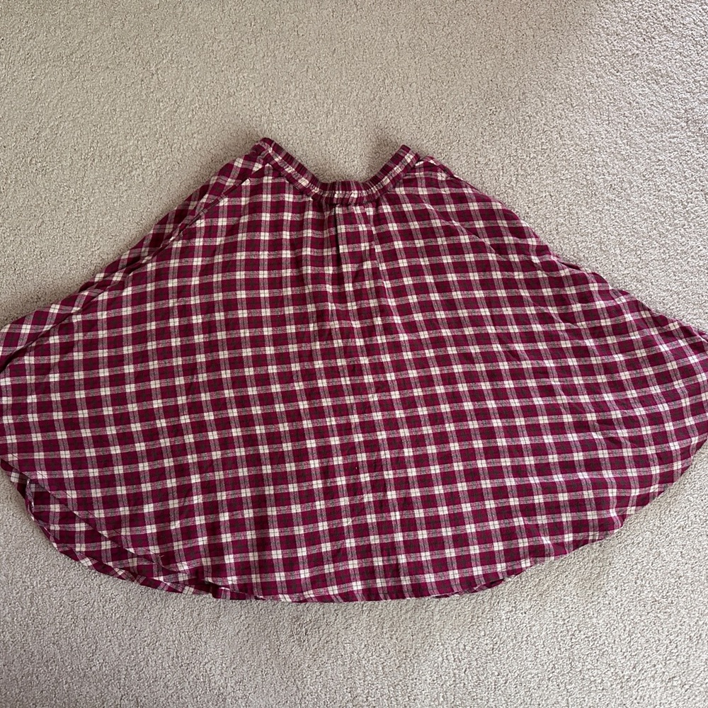 Plaid Midi Skirt in Burgundy and Cream with Elastic Waist